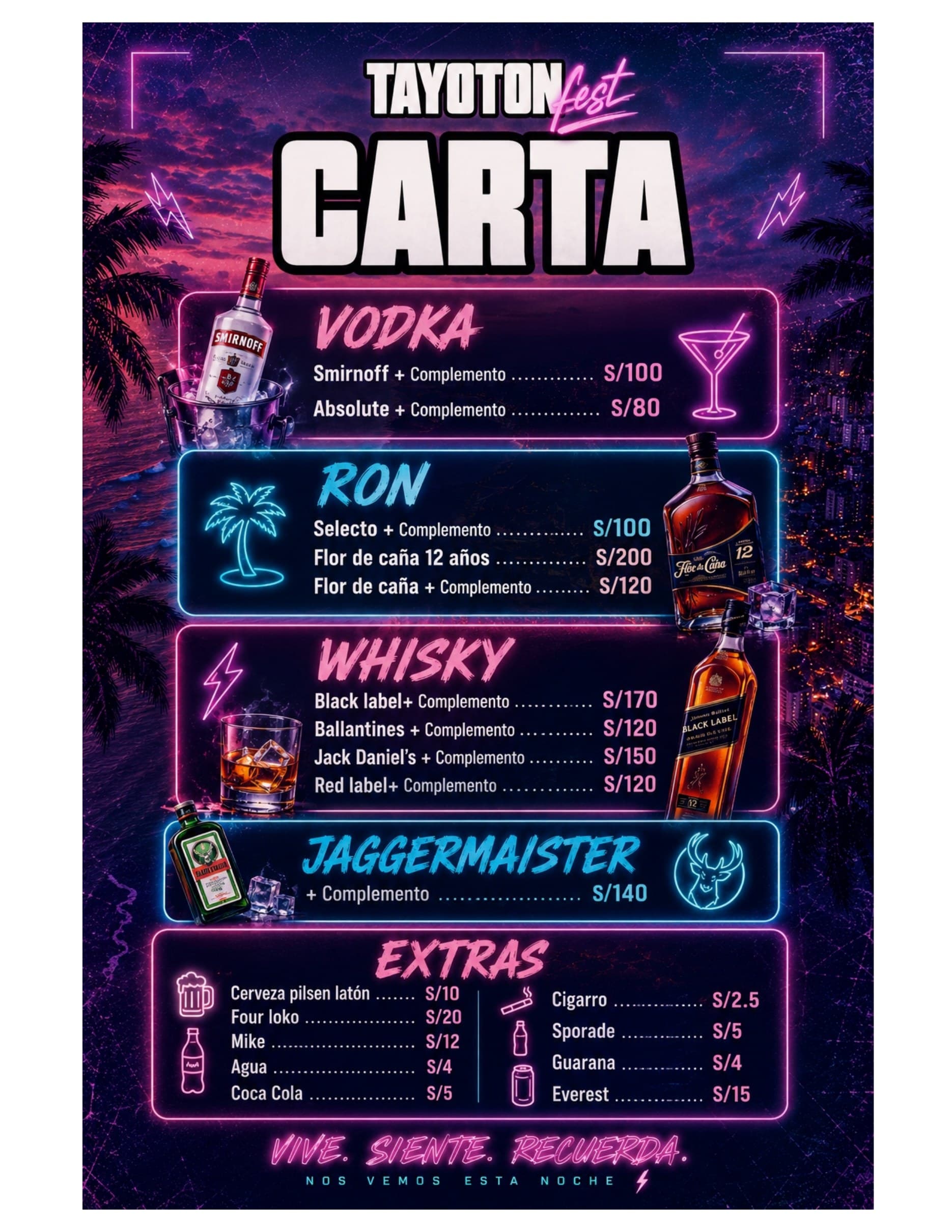 Carta de bebidas de Tayoton Fest: vodka, ron, whisky, jäger y extras con precios.