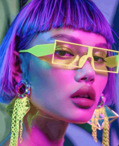 Rostro iluminado con neón morado y lentes amarillos